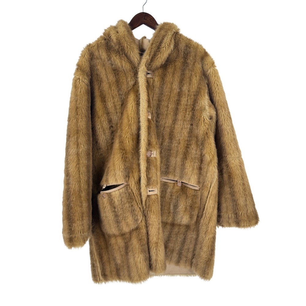 Jones New York Reversible Faux Fur Suede Coat Tan XL Vintage Winter Cozy Glam